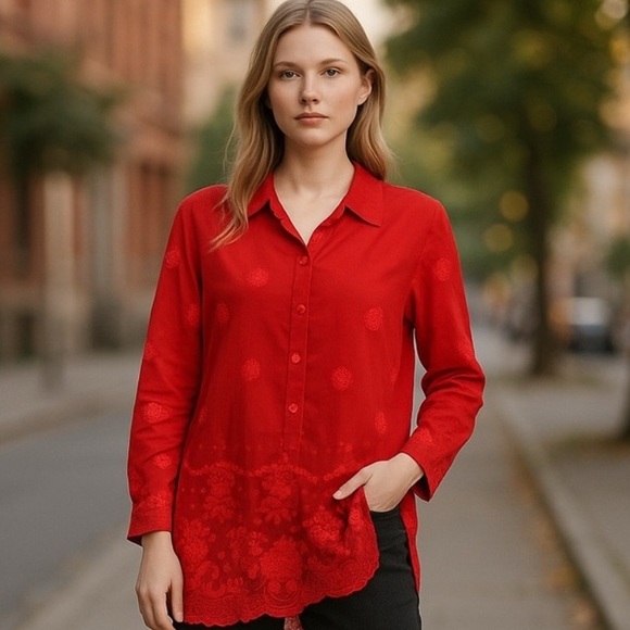 Johnny Was Red Embroidered Longsleeved Collared Top Blouse - Picture 1 of 12